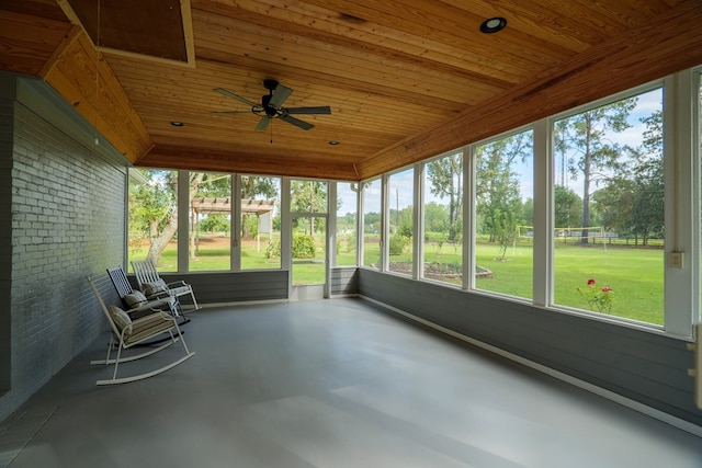 unfurnished sunroom featuring ceiling fan and wood ceiling