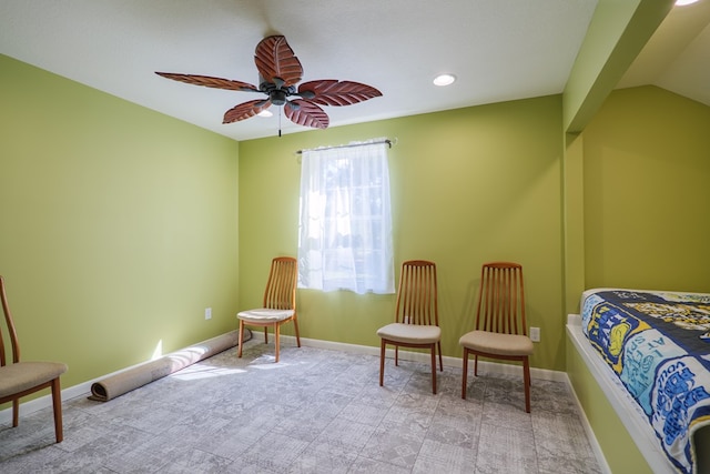 bedroom featuring ceiling fan and lofted ceiling