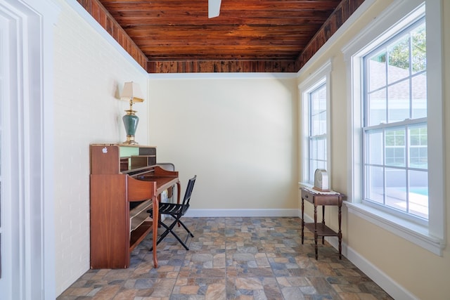 home office featuring wooden ceiling