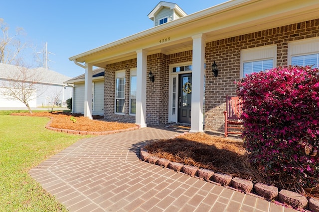 view of exterior entry with a yard and brick siding