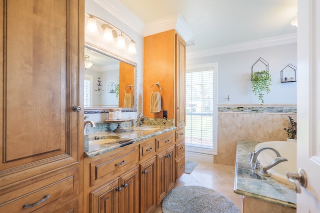 bathroom featuring a sink, double vanity, tile patterned flooring, and ornamental molding