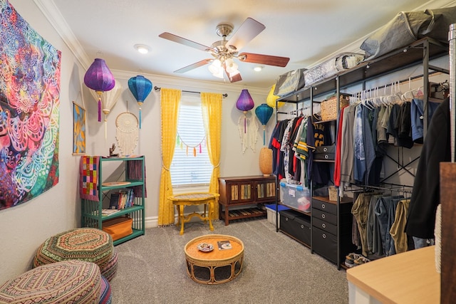 spacious closet with carpet flooring and ceiling fan