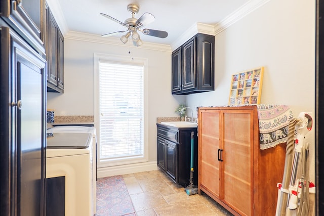 kitchen featuring a ceiling fan, crown molding, light countertops, and a sink