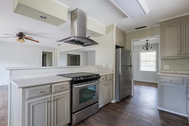 2205 Briarcliff Dr, Valdosta, GA 31602 - kitchen featuring visible vents, gray cabinets, stainless steel appliances, island range hood, and light countertops