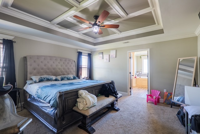 3908 Crusader Ct, Valdosta, GA 31605 - carpeted bedroom featuring baseboards, coffered ceiling, ensuite bath, and crown molding