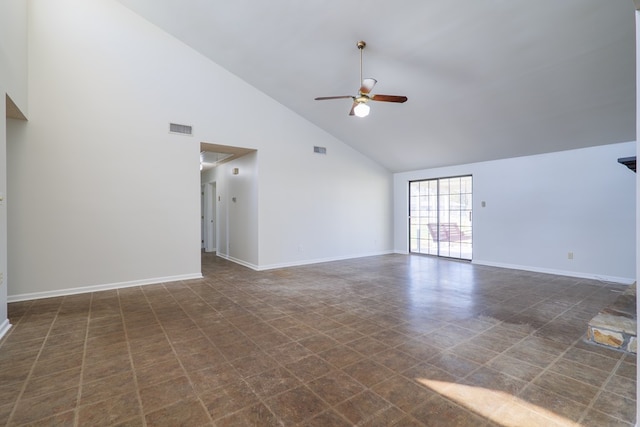 unfurnished living room featuring high vaulted ceiling and ceiling fan