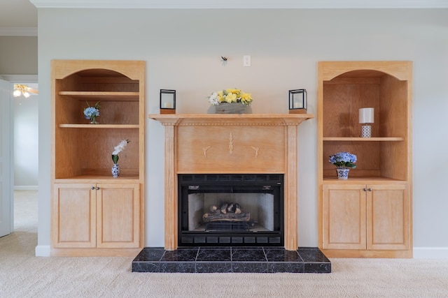 3532 Victoria Dr, Valdosta, GA 31602 - detailed view of carpet flooring, a tiled fireplace, and ornamental molding