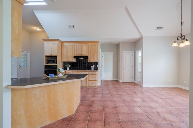 3532 Victoria Dr, Valdosta, GA 31602 - kitchen featuring light brown cabinetry, black appliances, tasteful backsplash, a chandelier, and decorative light fixtures