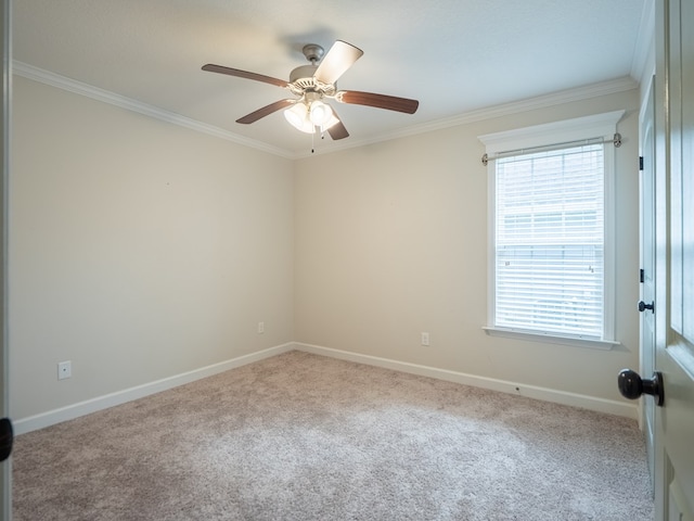 spare room with carpet floors, crown molding, baseboards, and ceiling fan