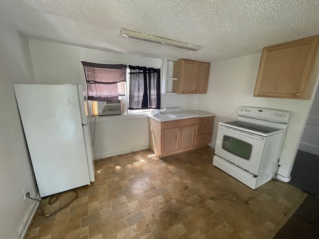 kitchen with light brown cabinets, white appliances, a textured ceiling, and cooling unit