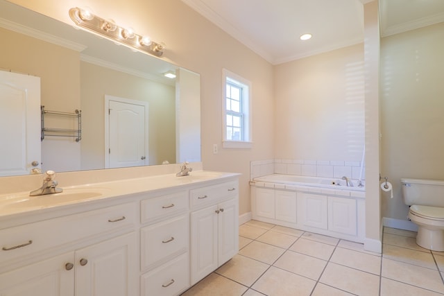 bathroom with tile patterned flooring, toilet, ornamental molding, and a tub