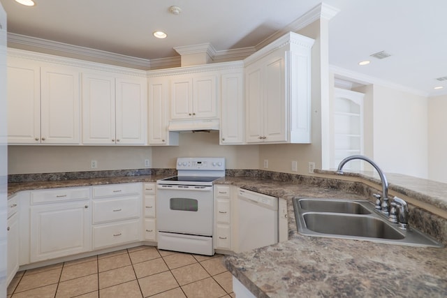 kitchen featuring white cabinetry, sink, crown molding, and white appliances