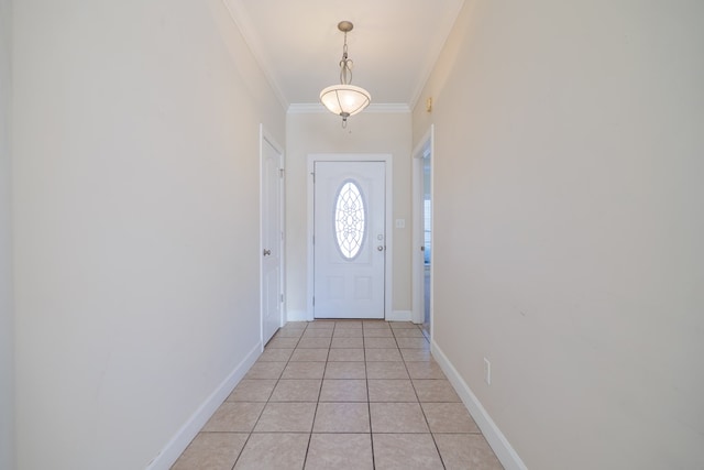 doorway to outside with crown molding and light tile patterned flooring