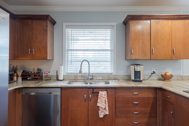 kitchen with a sink, stainless steel dishwasher, brown cabinets, and a healthy amount of sunlight