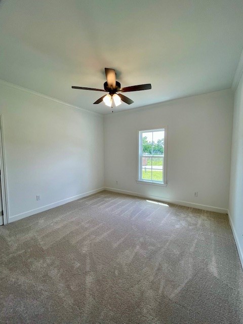 carpeted spare room featuring ceiling fan, ornamental molding, and baseboards