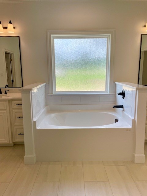 full bathroom featuring a garden tub, plenty of natural light, and vanity