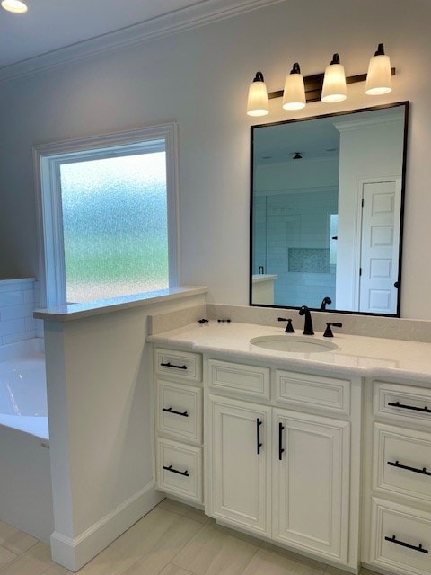 full bath with a walk in shower, vanity, baseboards, ornamental molding, and a bath