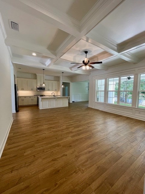 unfurnished living room with dark wood-style flooring, coffered ceiling, visible vents, a ceiling fan, and beam ceiling