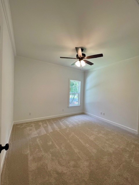 spare room featuring light carpet, crown molding, baseboards, and ceiling fan