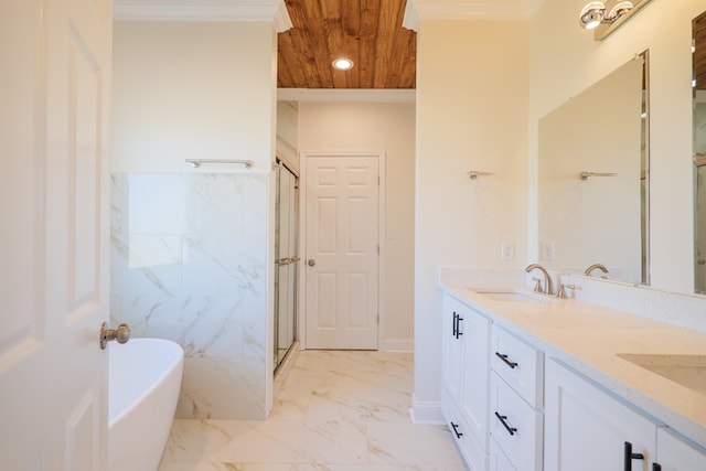 bathroom featuring vanity, independent shower and bath, wooden ceiling, and crown molding