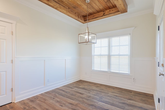 unfurnished dining area with a raised ceiling, crown molding, dark wood-type flooring, wooden ceiling, and a notable chandelier