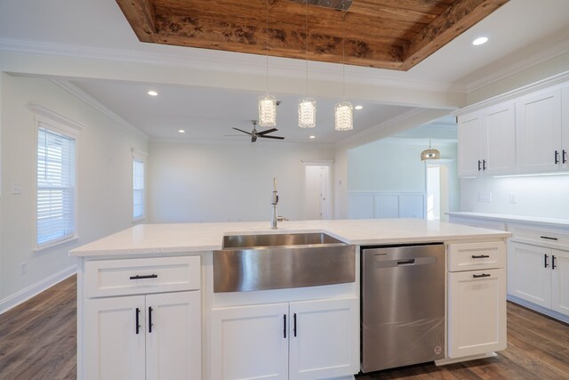 kitchen with dishwasher, white cabinetry, ceiling fan, and sink