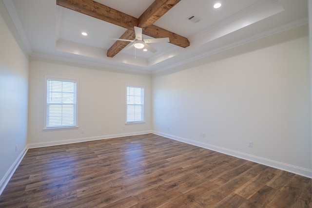 spare room with beam ceiling, ceiling fan, dark wood-type flooring, a raised ceiling, and ornamental molding