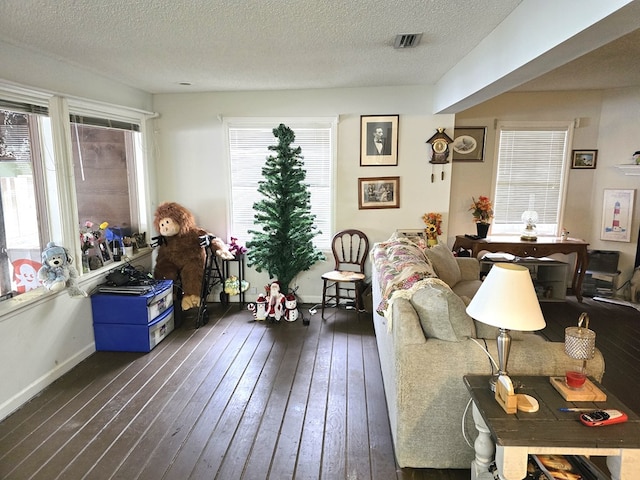 living room with dark hardwood / wood-style floors and a textured ceiling