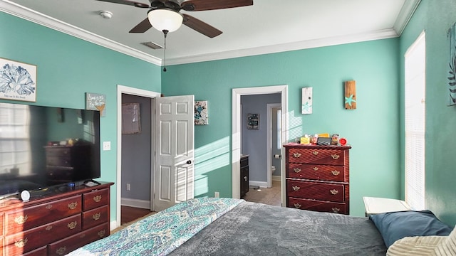 tiled bedroom featuring ceiling fan, visible vents, baseboards, and ornamental molding