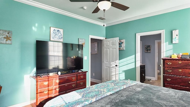 bedroom with visible vents, baseboards, ceiling fan, and crown molding