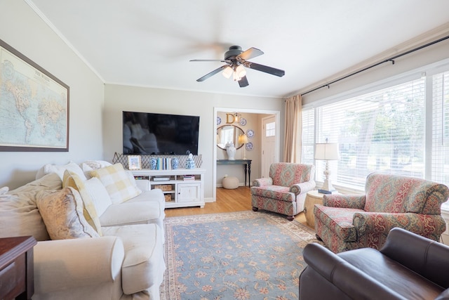 living room with a ceiling fan, wood finished floors, and crown molding