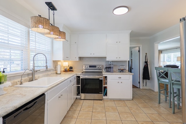 kitchen featuring stainless steel electric range oven, black dishwasher, light tile patterned floors, and a sink