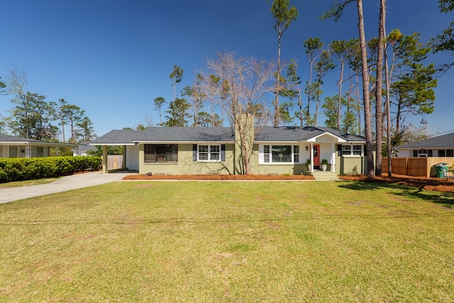 single story home with an attached carport, driveway, a front lawn, and fence