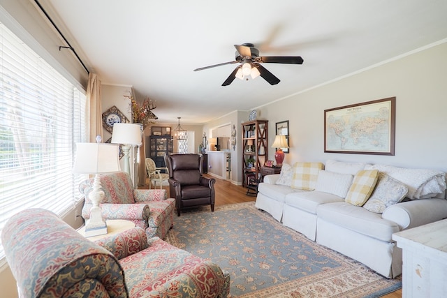 living room featuring ceiling fan with notable chandelier, crown molding, and wood finished floors