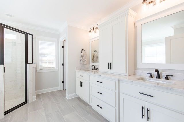 bathroom with vanity, walk in shower, and crown molding