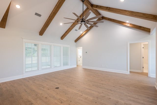 unfurnished living room with light hardwood / wood-style floors, beam ceiling, and high vaulted ceiling