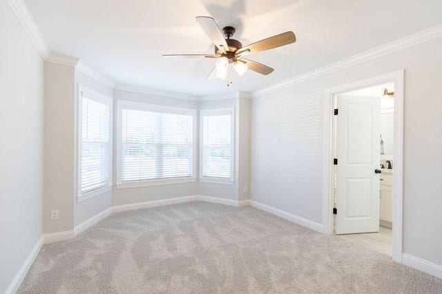 spare room with light carpet, ceiling fan, and crown molding