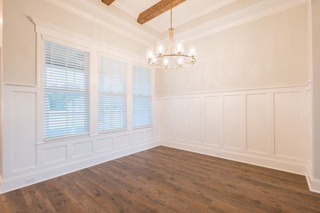 spare room featuring a chandelier, beam ceiling, dark hardwood / wood-style flooring, and ornamental molding