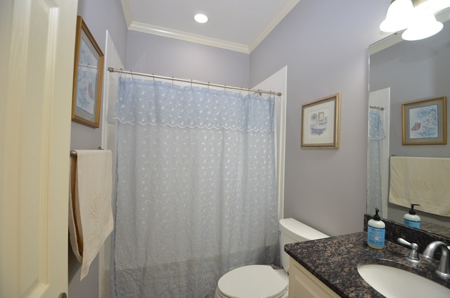 3854 Orchard Way, Valdosta, GA 31605 - bathroom featuring vanity, toilet, crown molding, and a shower with shower curtain