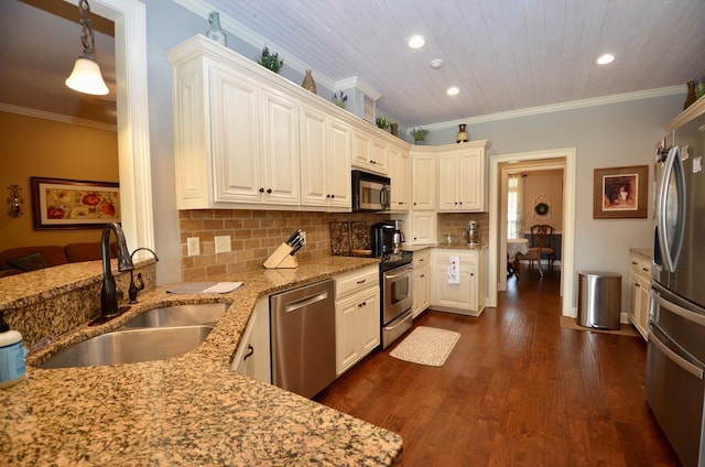 3854 Orchard Way, Valdosta, GA 31605 - kitchen featuring appliances with stainless steel finishes, a sink, recessed lighting, light stone counters, and tasteful backsplash
