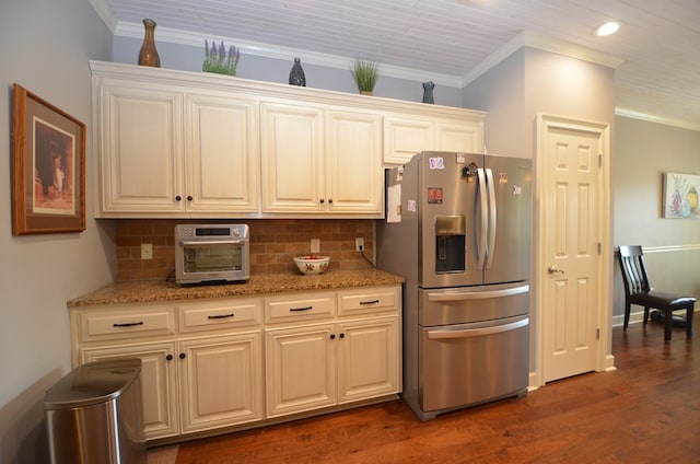 3854 Orchard Way, Valdosta, GA 31605 - kitchen featuring stainless steel fridge with ice dispenser, dark wood-style floors, decorative backsplash, crown molding, and light stone counters