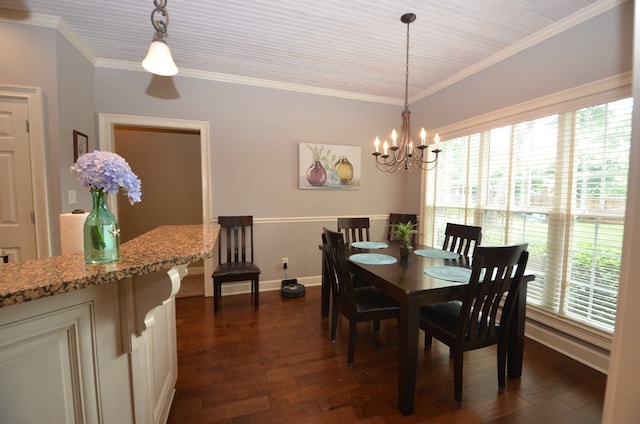 3854 Orchard Way, Valdosta, GA 31605 - dining room featuring a chandelier, baseboards, dark wood-style flooring, and crown molding