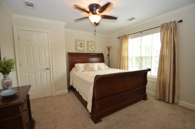 3854 Orchard Way, Valdosta, GA 31605 - bedroom with light colored carpet, crown molding, baseboards, and ceiling fan