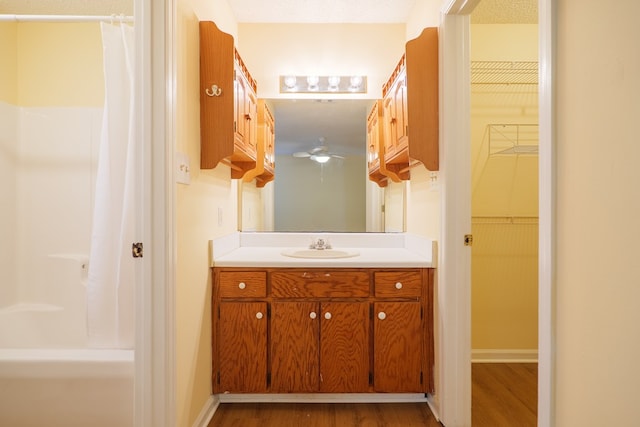 bathroom featuring wood-type flooring, vanity, and curtained shower