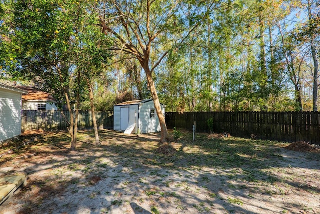 view of yard featuring a storage shed