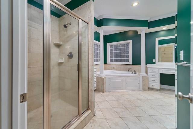 bathroom with tile patterned floors, vanity, separate shower and tub, and ornamental molding