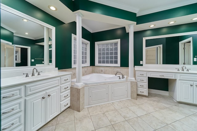 bathroom featuring tiled tub, tile patterned flooring, vanity, and ornamental molding