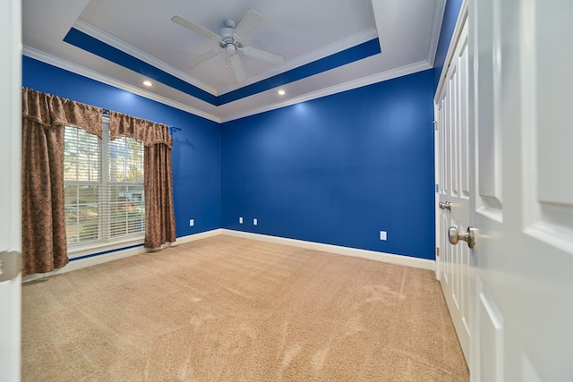 spare room featuring a raised ceiling, ceiling fan, light colored carpet, and ornamental molding