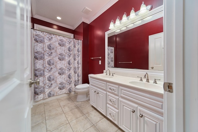 bathroom featuring vanity, tile patterned floors, a shower with shower curtain, toilet, and ornamental molding