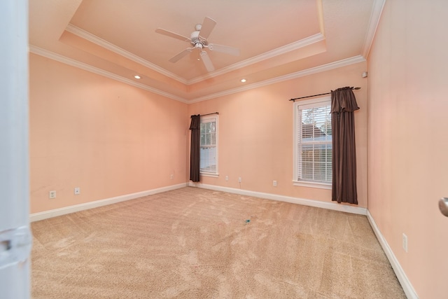 spare room featuring a raised ceiling, crown molding, and ceiling fan